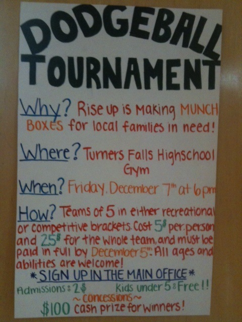 poster advertising Dodgeball event Fri, 12/7 6pm at TFHS $5/person $25/team $2 admission, kids under 5 free. 